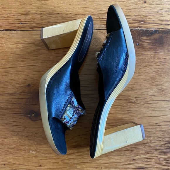 Rylee Leather Beaded Wood Heel Boho Chunky Heel Slides SZ 8.5 in Black - Picture 3 of 10